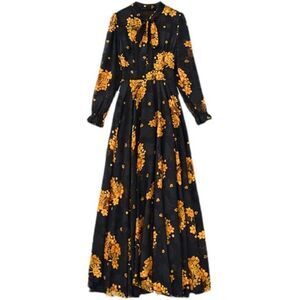Women's Black Floral Maxi Dress Bow Tie Collar Long Sleeve Party
